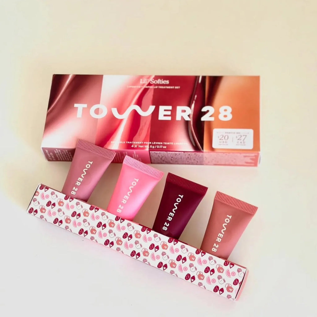 Original Tower 28 Beauty Mini Lil' Softies Lip Treatment Set Watermelon Sugar Plum Vanilla Dulce de Leche Colored Lip Blam Set