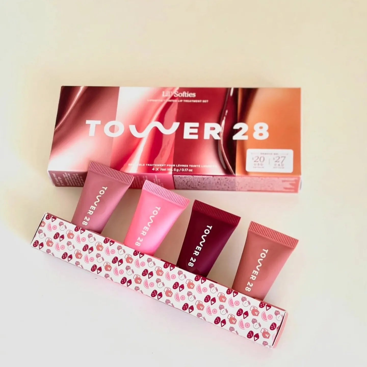 Original Tower 28 Beauty Mini Lil' Softies Lip Treatment Set Watermelon Sugar Plum Vanilla Dulce de Leche Colored Lip Blam Set