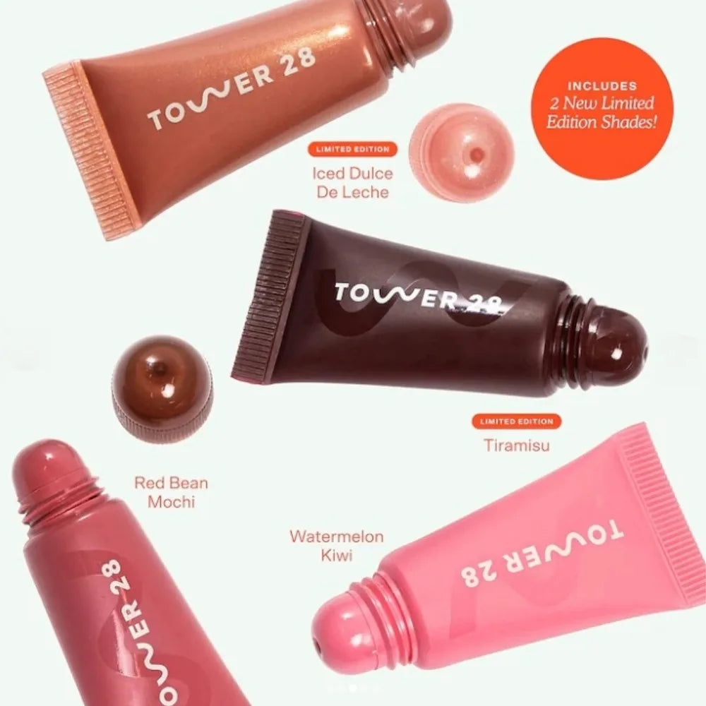 Original Tower 28 Beauty Mini Lil' Softies Lip Treatment Set Watermelon Sugar Plum Vanilla Dulce de Leche Colored Lip Blam Set