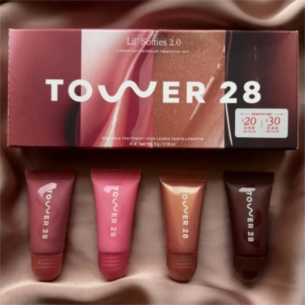 Original Tower 28 Beauty Mini Lil' Softies Lip Treatment Set Watermelon Sugar Plum Vanilla Dulce de Leche Colored Lip Blam Set
