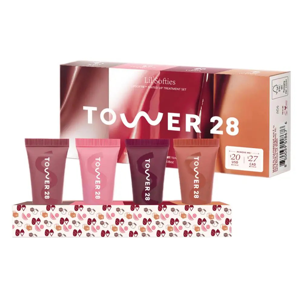 Original Tower 28 Beauty Mini Lil' Softies Lip Treatment Set Watermelon Sugar Plum Vanilla Dulce de Leche Colored Lip Blam Set