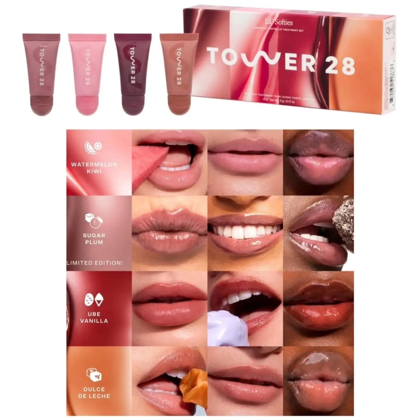 Original Tower 28 Beauty Mini Lil' Softies Lip Treatment Set Watermelon Sugar Plum Vanilla Dulce de Leche Colored Lip Blam Set