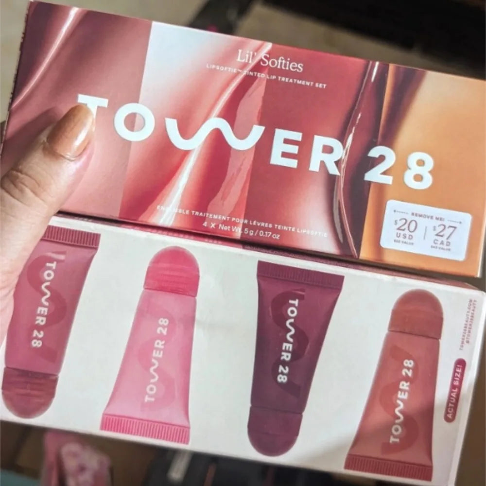 Original Tower 28 Beauty Mini Lil' Softies Lip Treatment Set Watermelon Sugar Plum Vanilla Dulce de Leche Colored Lip Blam Set